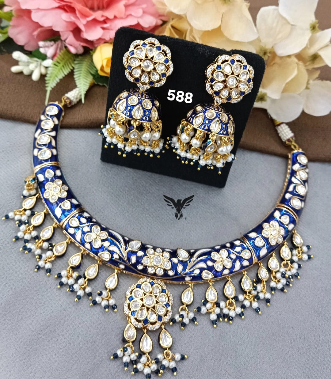 Meenakari hasli in blue with long kundan earrings for women