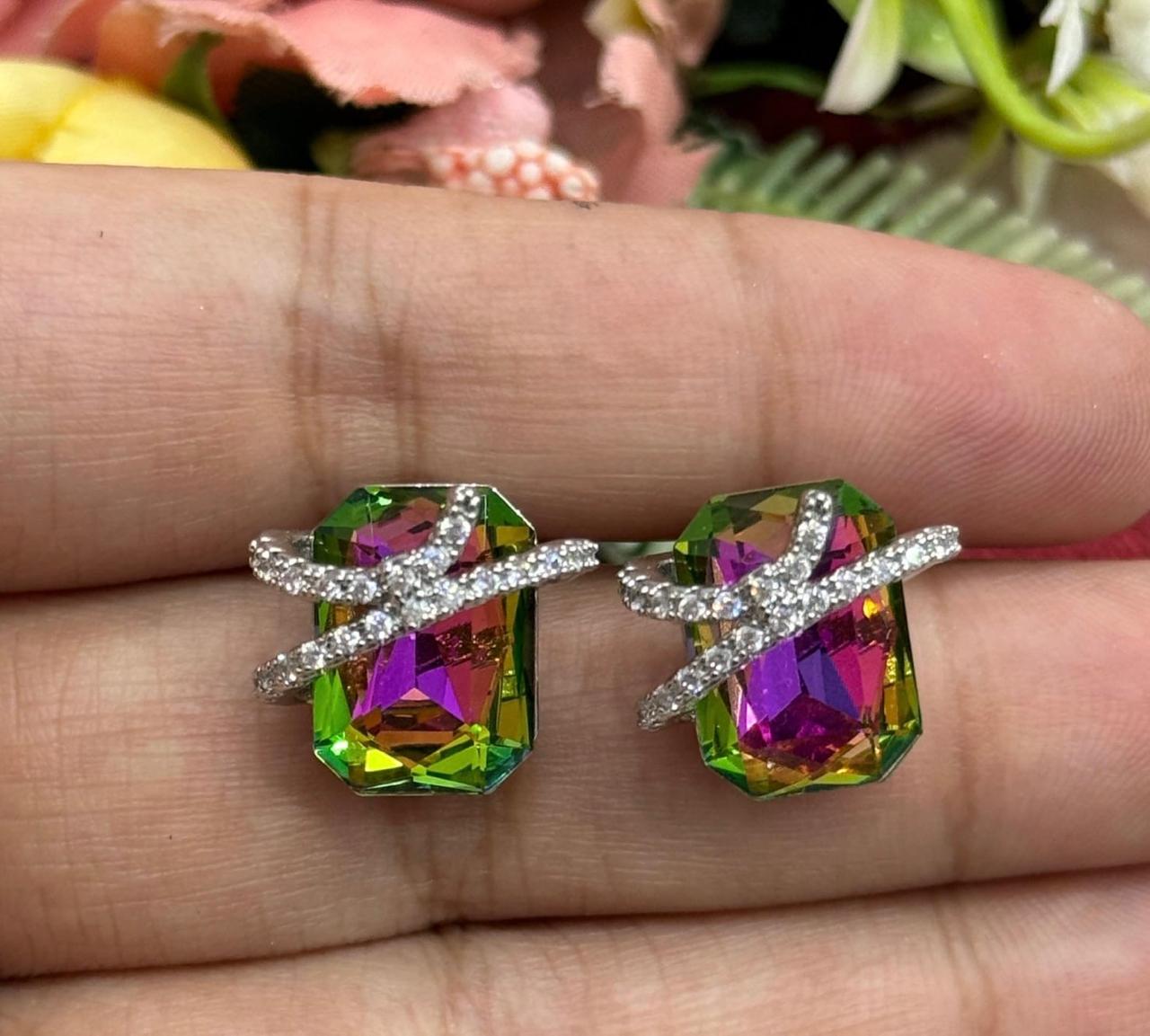 Elegant Rainbow Crystal Ribbon Studs