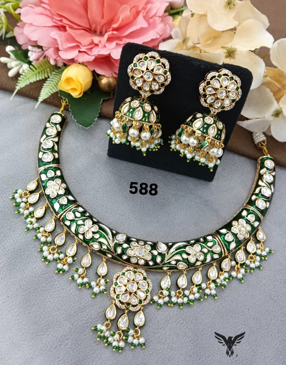 Meenakari hasli in Emerald Green with long kundan earrings for women