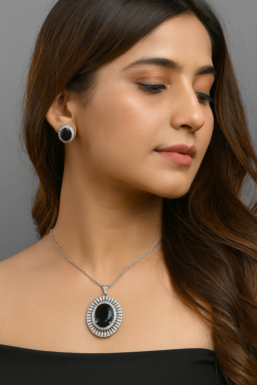 BEAUTIFUL OVAL BLACK DOUBLET STONE WITH CZ PENDANT SET FOR WOMEN