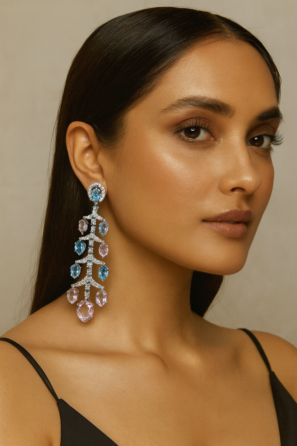 Beautiful Blue & Pink Crystal Chandelier Earrings for women