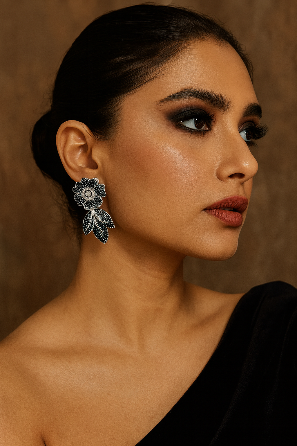 Black Crystal Floral Leaf Earrings for women and girl