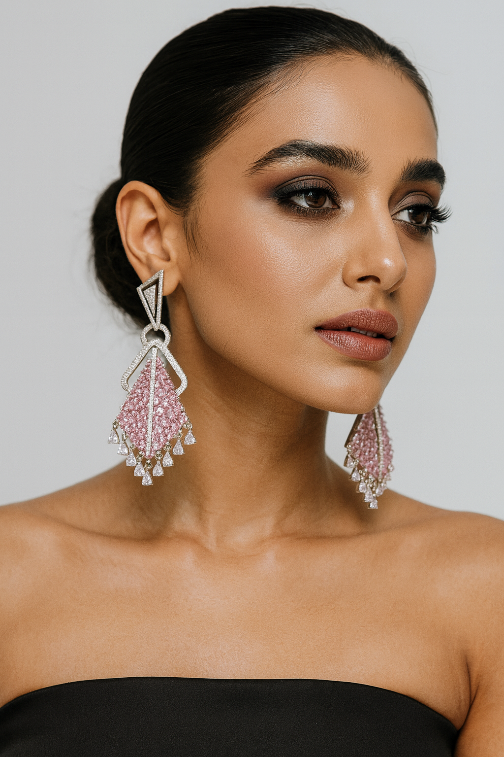 Unique Statement Earrings with Pink Stones and Sparkling Drops