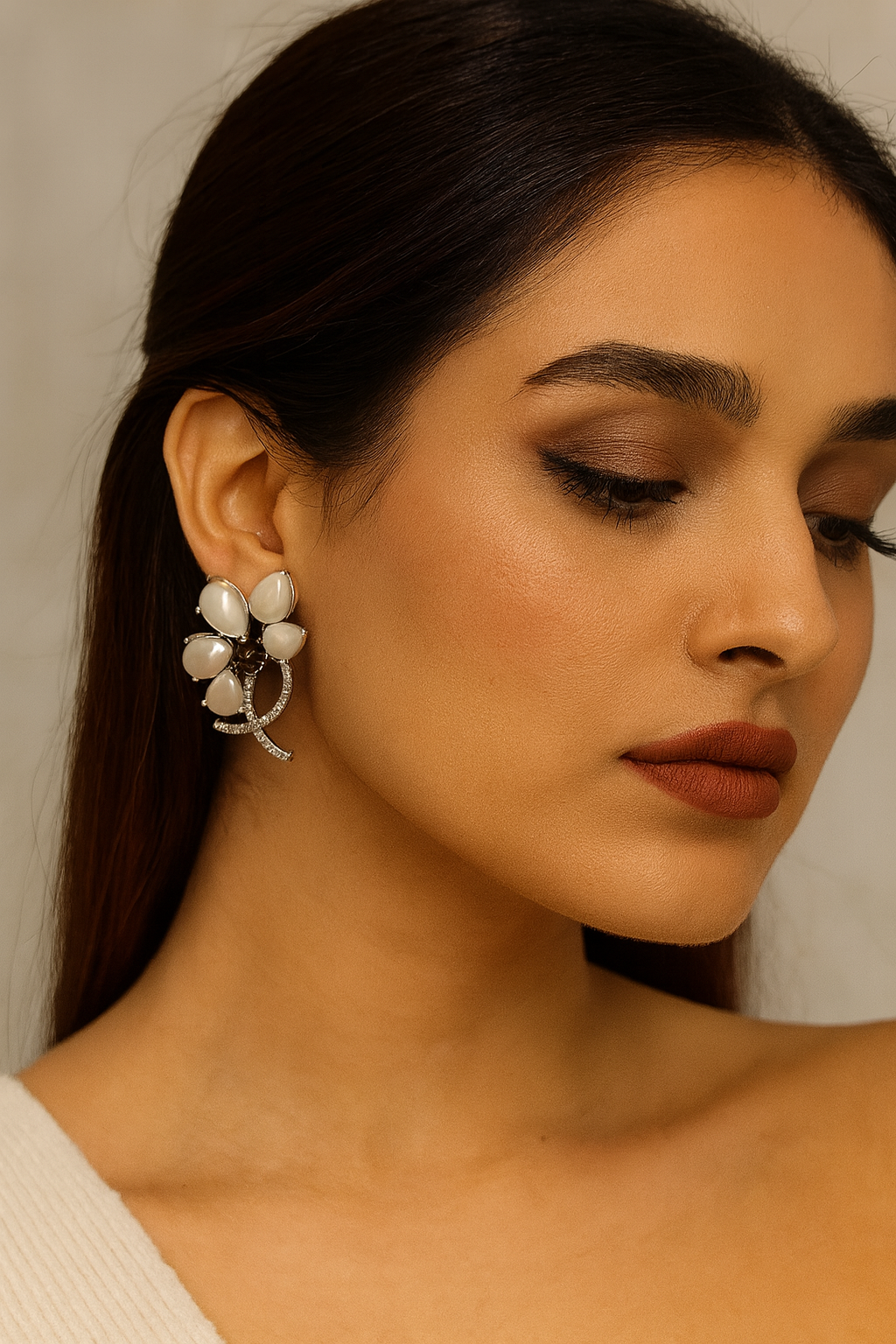 White Prehnite & Mother of Pearl Floral Earrings with CZ stone