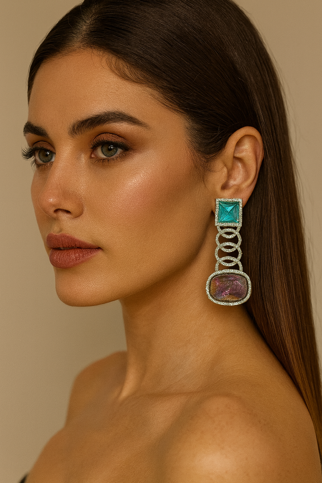 Elegant Rainbow Crystal & Aqua CZ Stone Drop Earrings