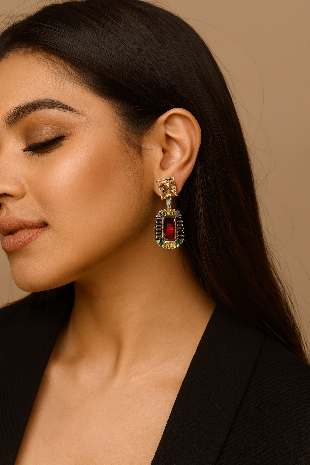 Colorful swarovski Statement Earrings with Red Center Stone