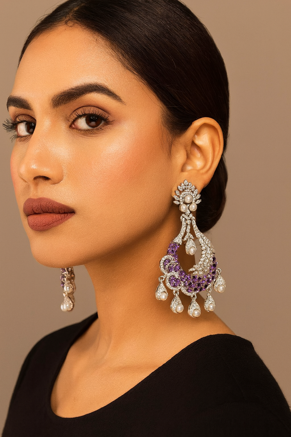 Glamorous Pearl Drop & Purple Zircon Long Earrings