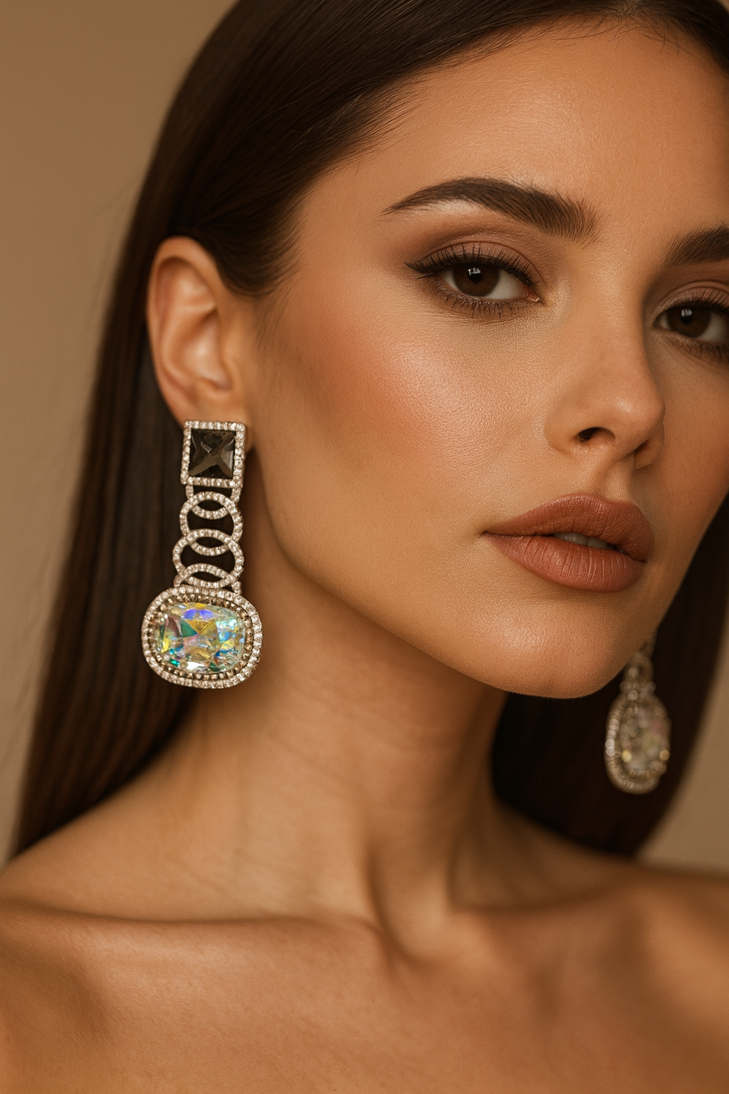 Elegant Rainbow Crystal & Grey CZ Stone Drop Earrings