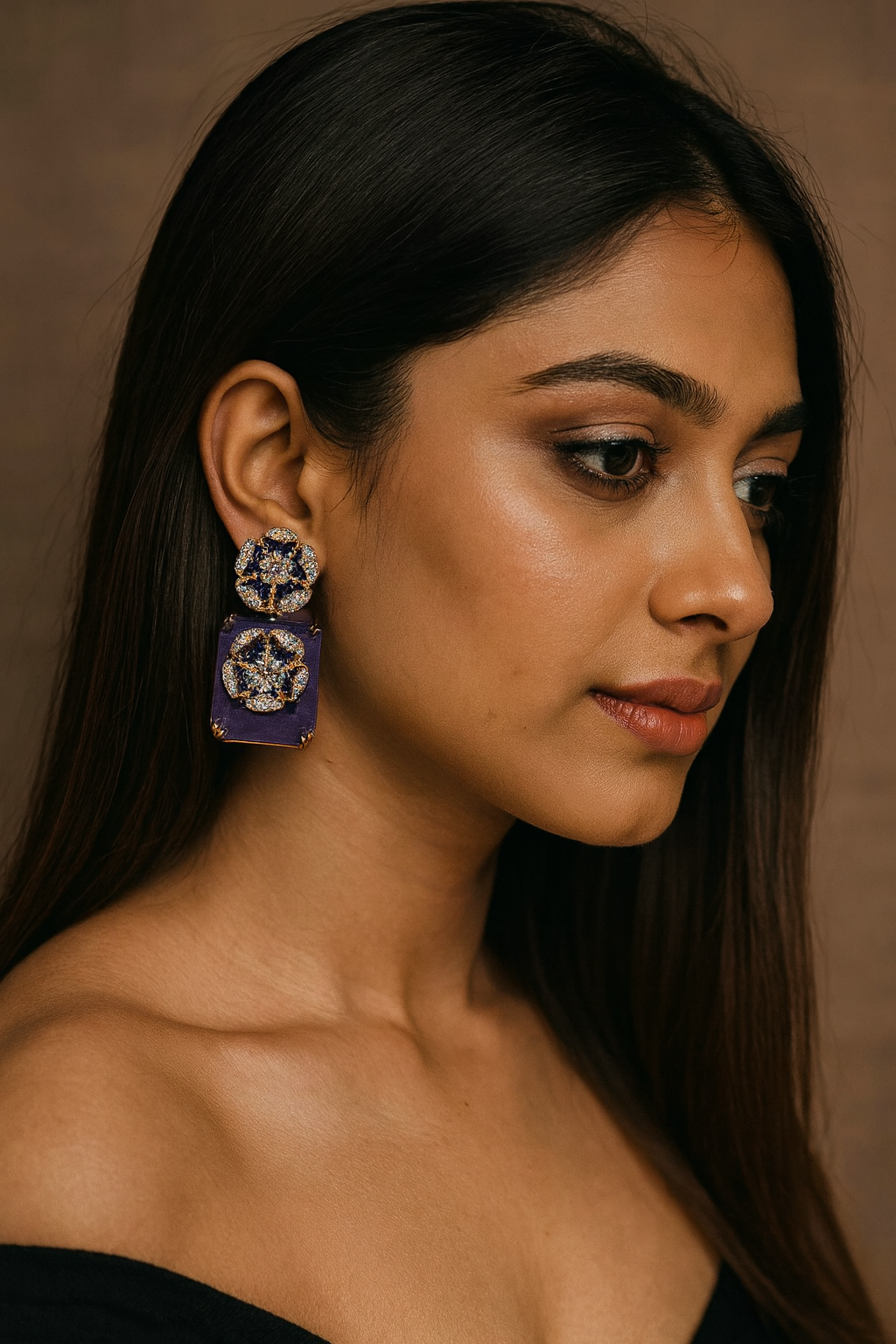 Gold-Plated Floral Crystal Earrings with Blue Stone