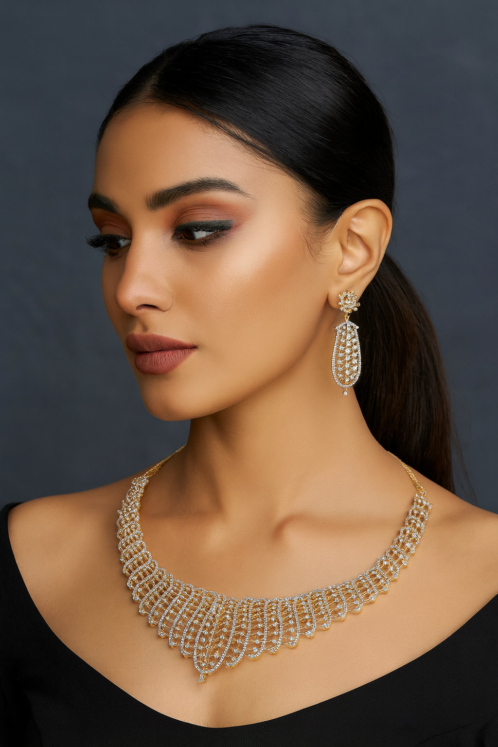 Designer Gold-Plated Necklace Set with Sparkling CZ Stones