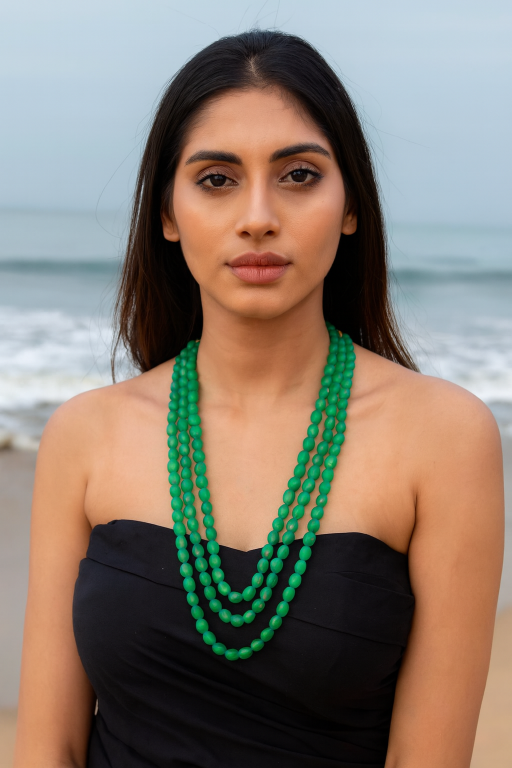 Ethnic Handcrafted three Layer Green Beaded Cz Mala for Women