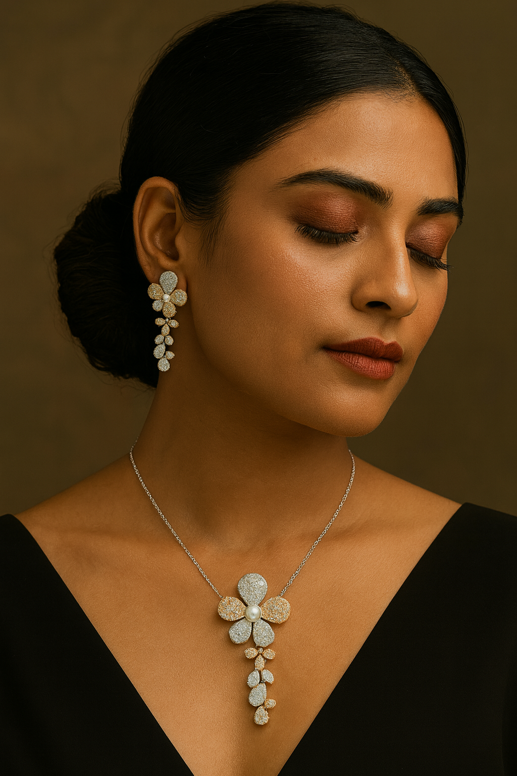 FLOWER SHAPE PENDANT SET FOR WOMEN WITH GANGA JAMUNA POLISH