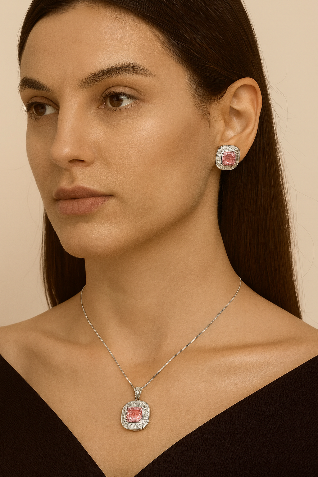 MINT PINK COLOUR WITH SQUARE SHAPE PENDANT SET