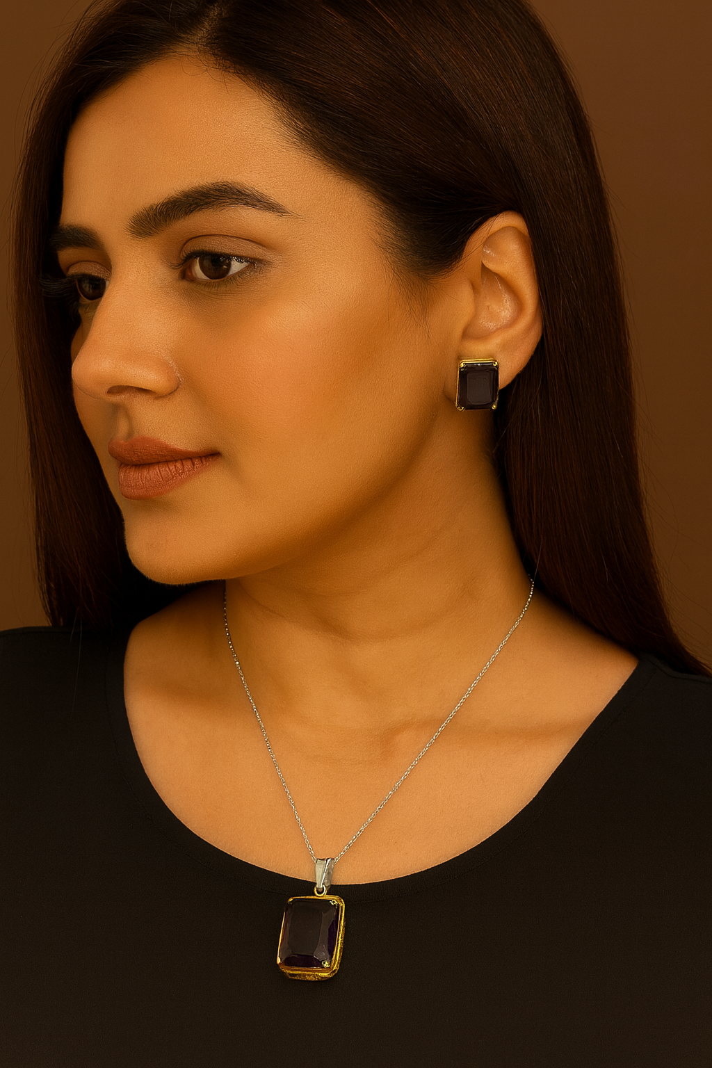PURPLE COLOUR WITH GOLD POLISH PENDANT SET FOR WOMEN
