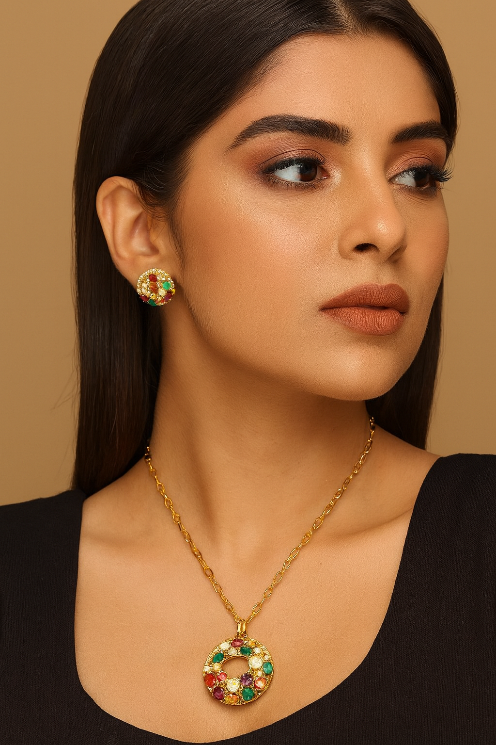 MultiColor CZ Round Pendant Set with Matching Earrings