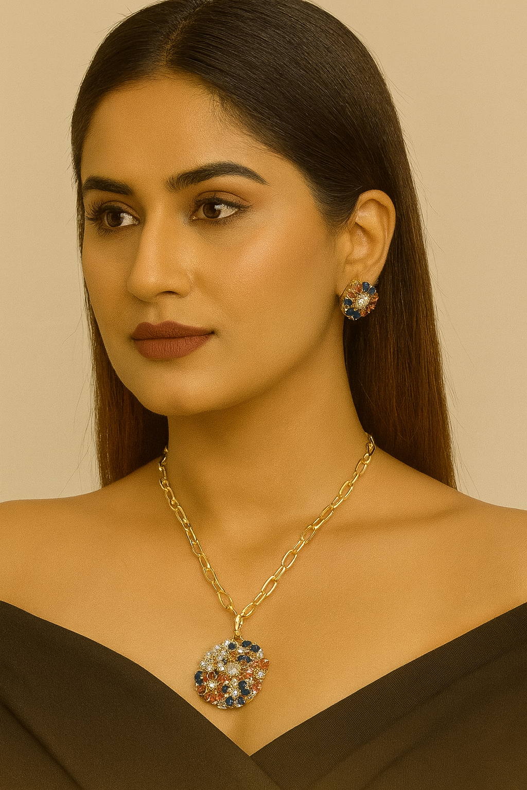 UNIQUE ROUND SHAPE MULTI COLOUR PENDANT SET FOR WOMEN