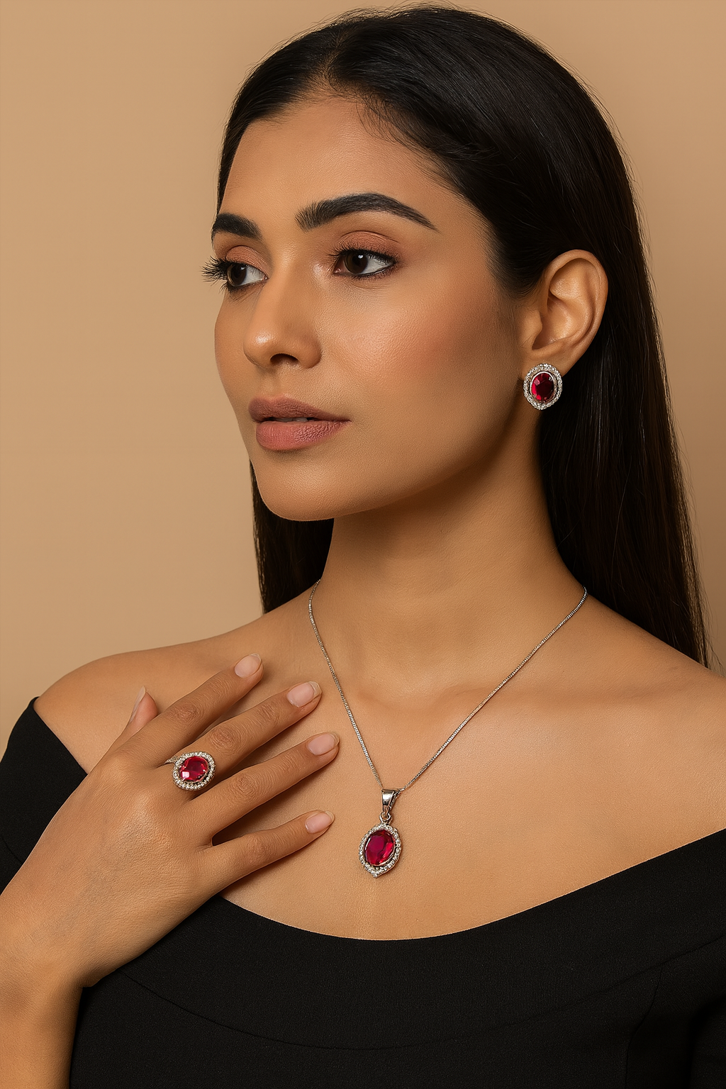 Ruby Red CZ Pendant Set , Earrings & Ring in Silver Finish with Halo Design