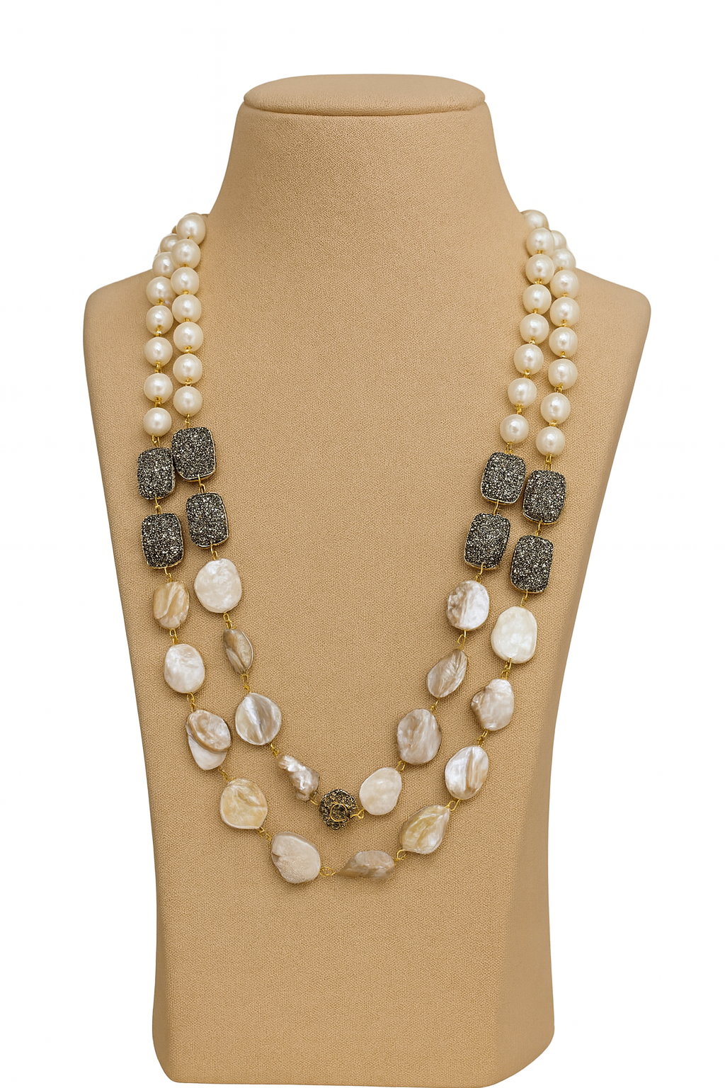 Pearls with duzy stones in double layered mala for women