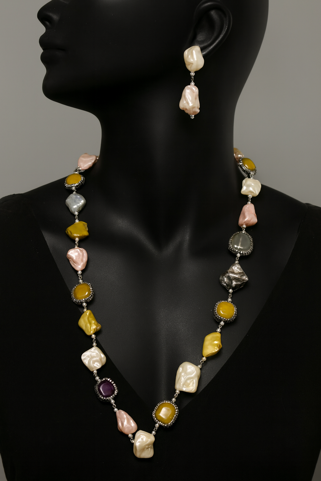 Natural precious single lina mala in multi with earrings for women