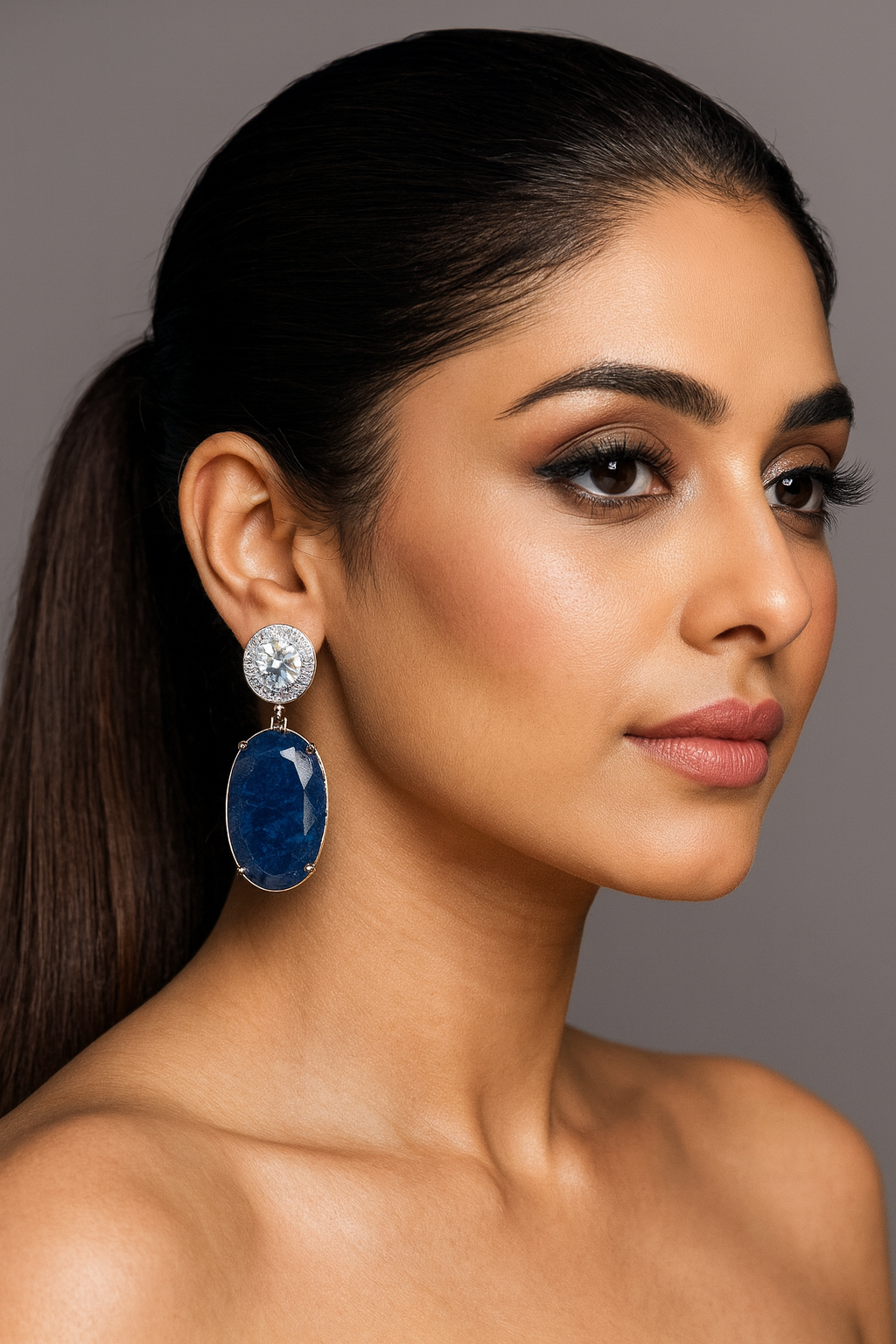 Elegant Blue Sapphire Oval Drop Earrings with Sparkling Crystal Studs