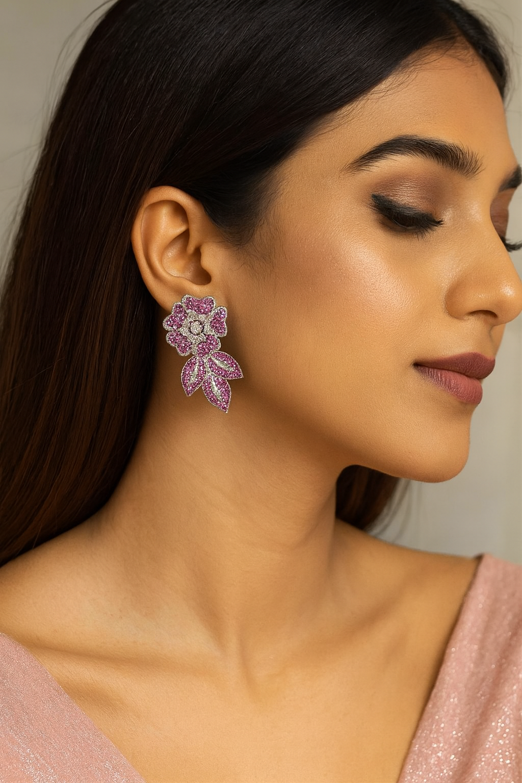 Pink Crystal Floral Leaf Earrings for women