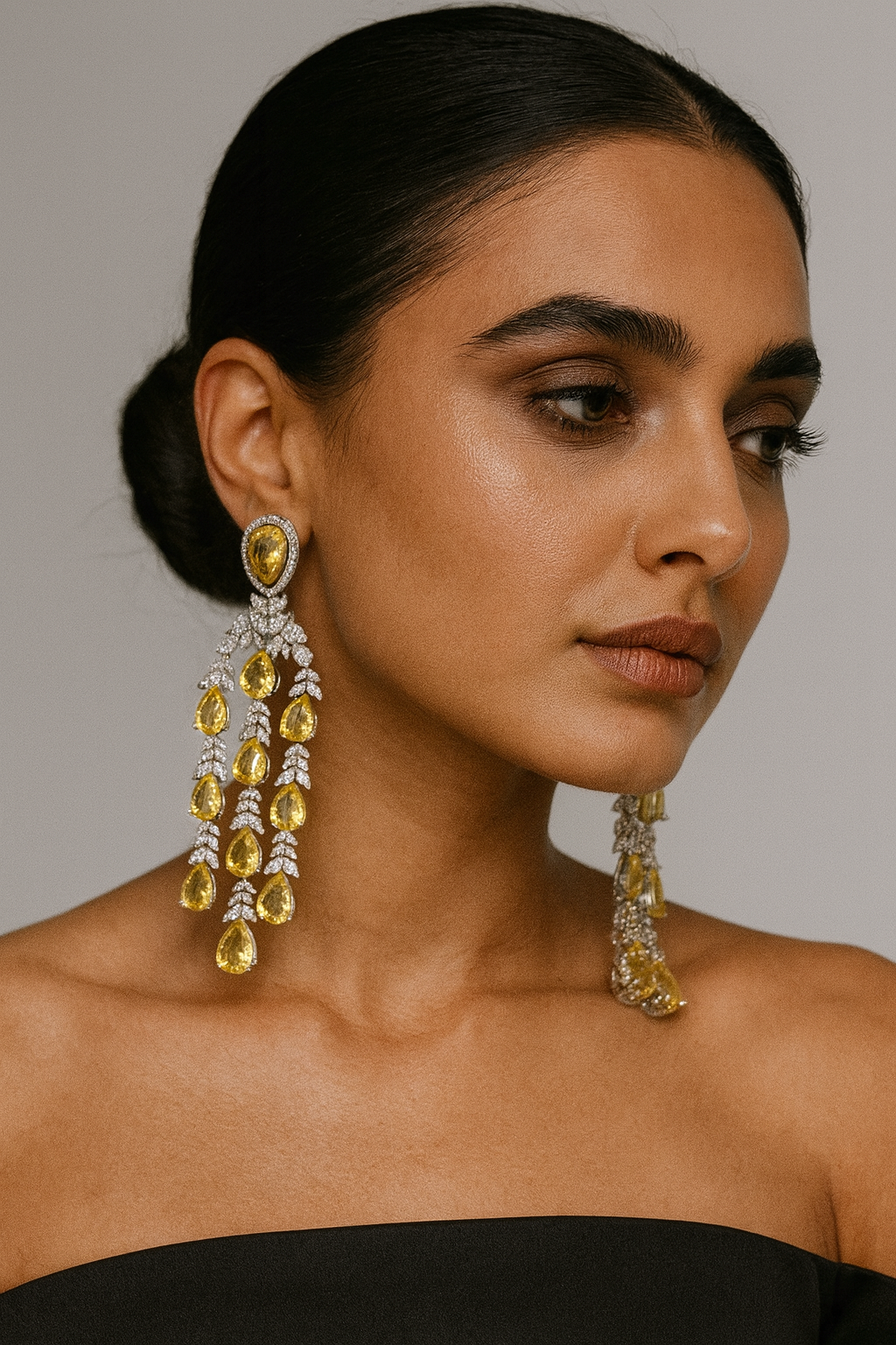 Unique Yellow Teardrop Crystal Earrings with CZ Diamond Accents