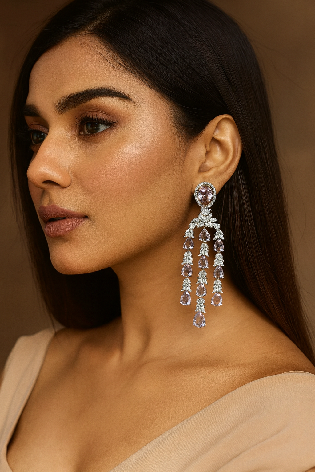 Designer Amethyst Drop Earrings with Sparkling Cubic Zirconia