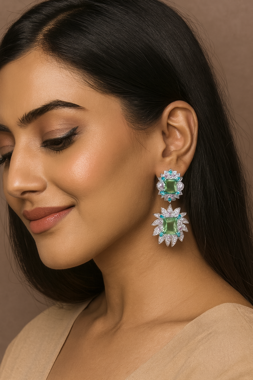 Unique Green Stone Floral Drop Earrings for Women
