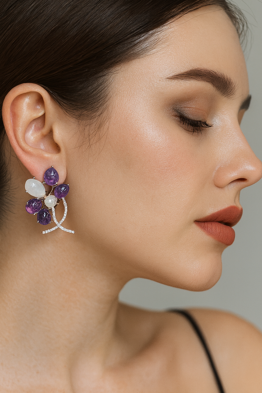 Amethyst & Rose Quartz Floral Earrings with CZ stone