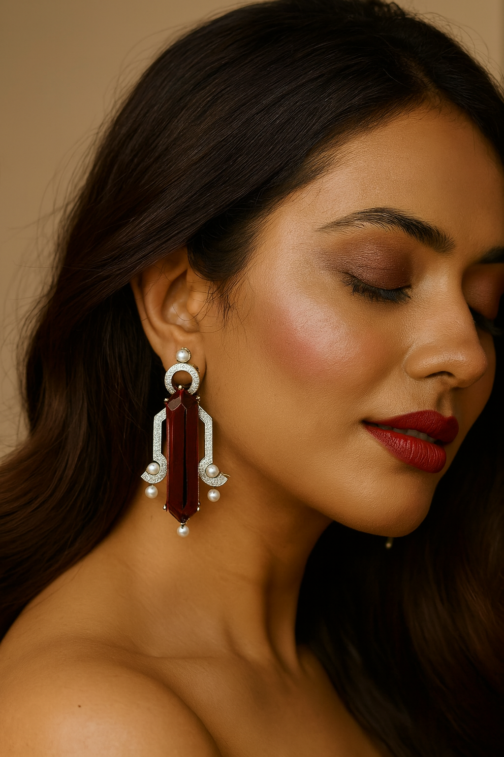 Red Amethyst Long Drop Earrings with Pearl Accents