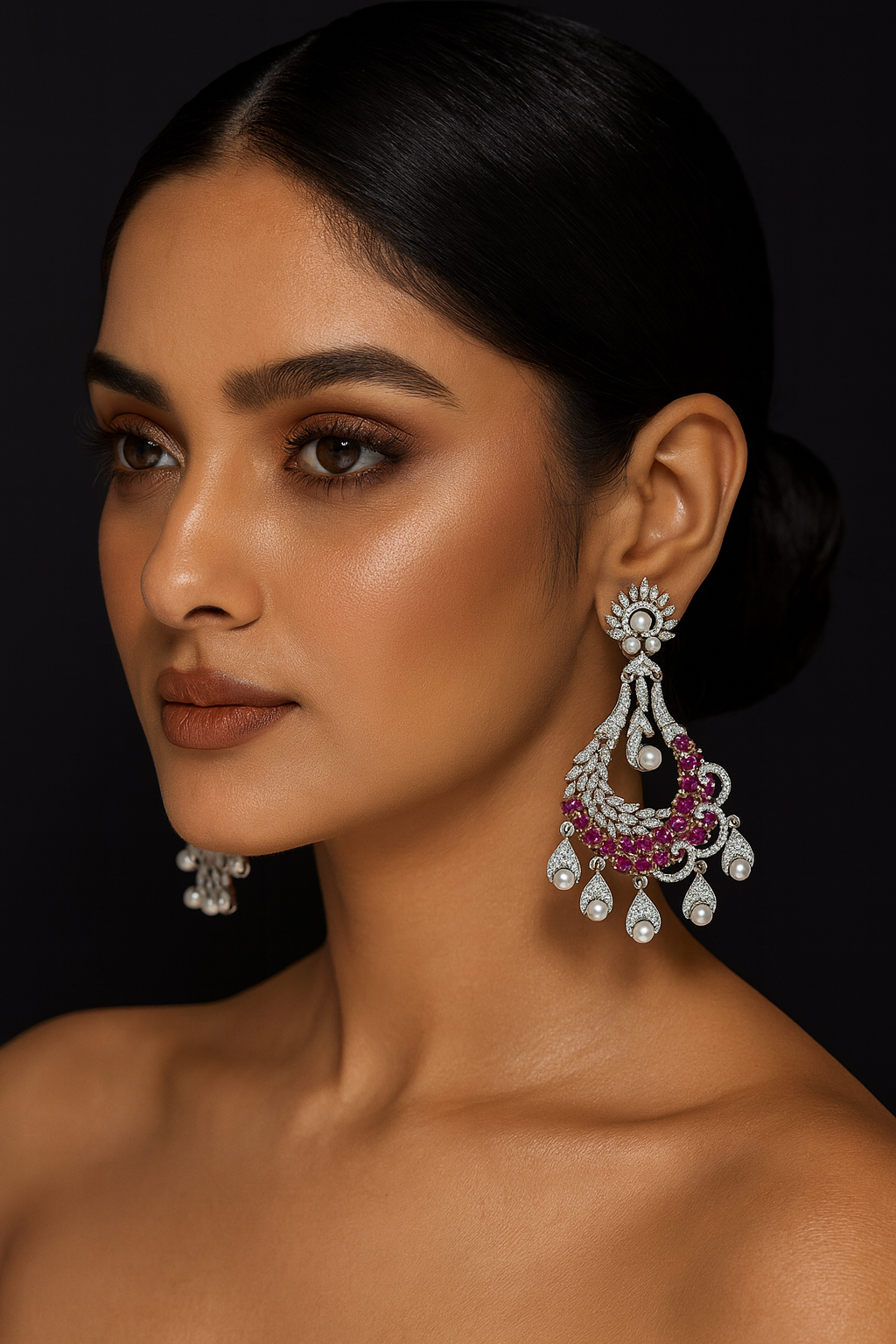 Ruby & Pearl Chandelier Earrings with CZ stone