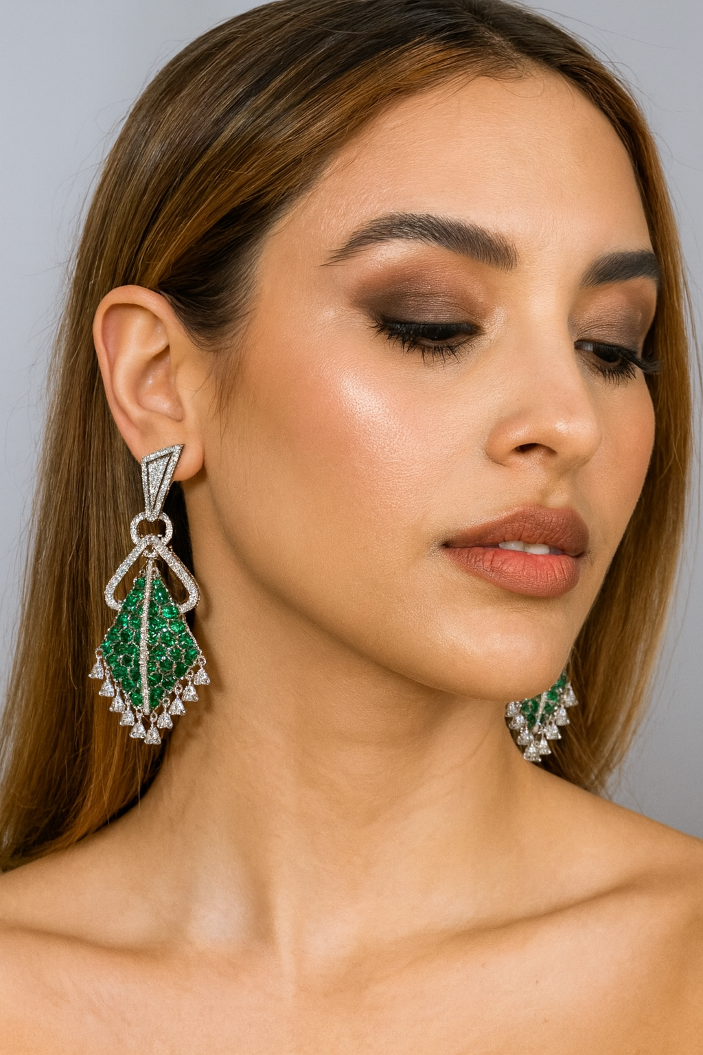 Unique Statement Earrings with Green Stones and Sparkling Drops