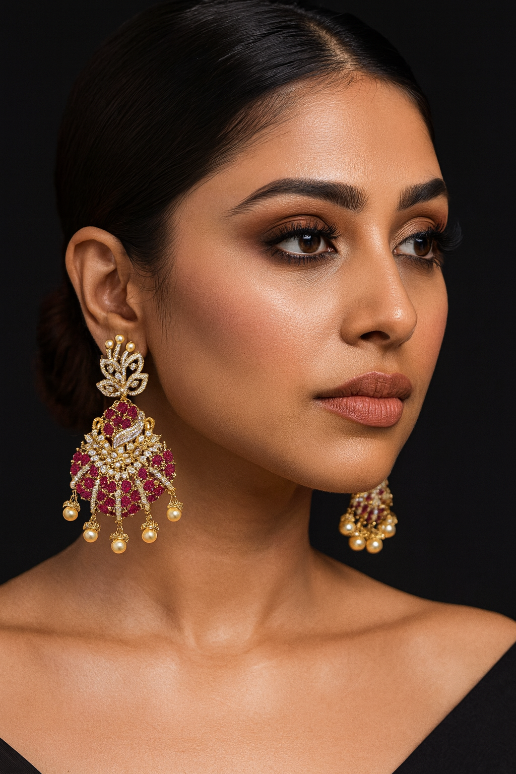 Elegant Red Crystal & Pearl Chandelier Earrings