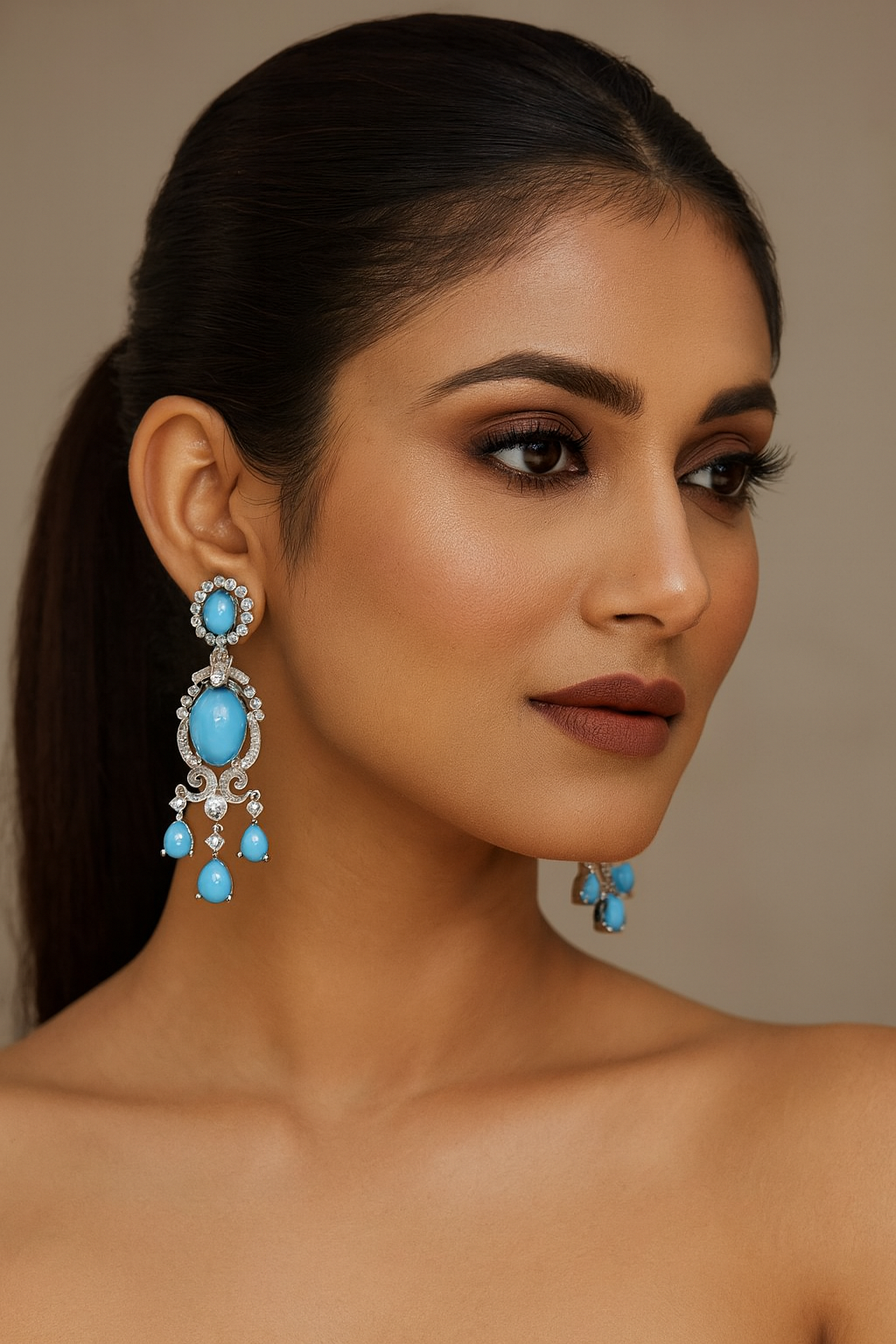 Elegant Long Earrings Aqua Stone & Crystal Drop Earrings