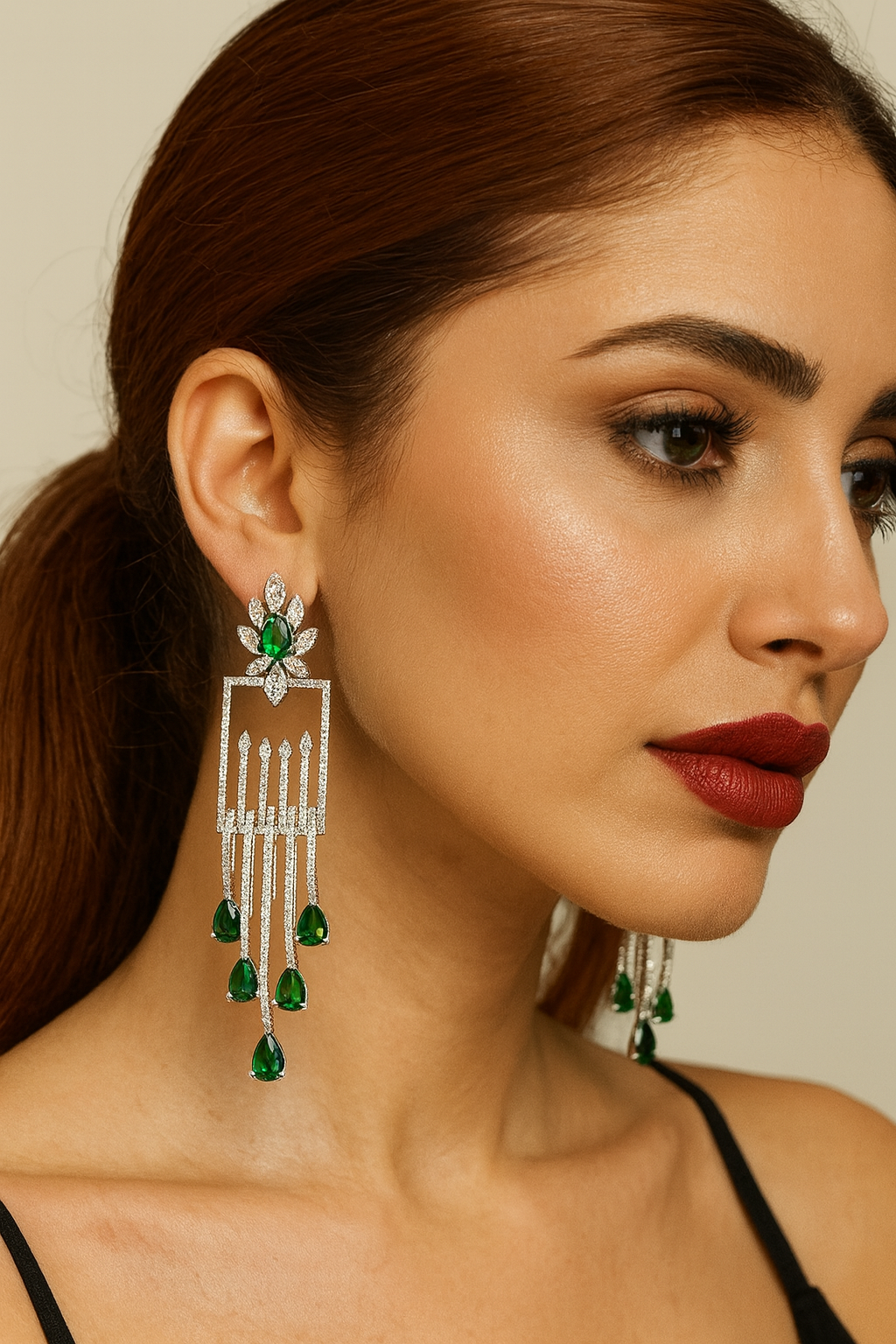 Geometric Floral Dangle Earrings with Green CZ Drops