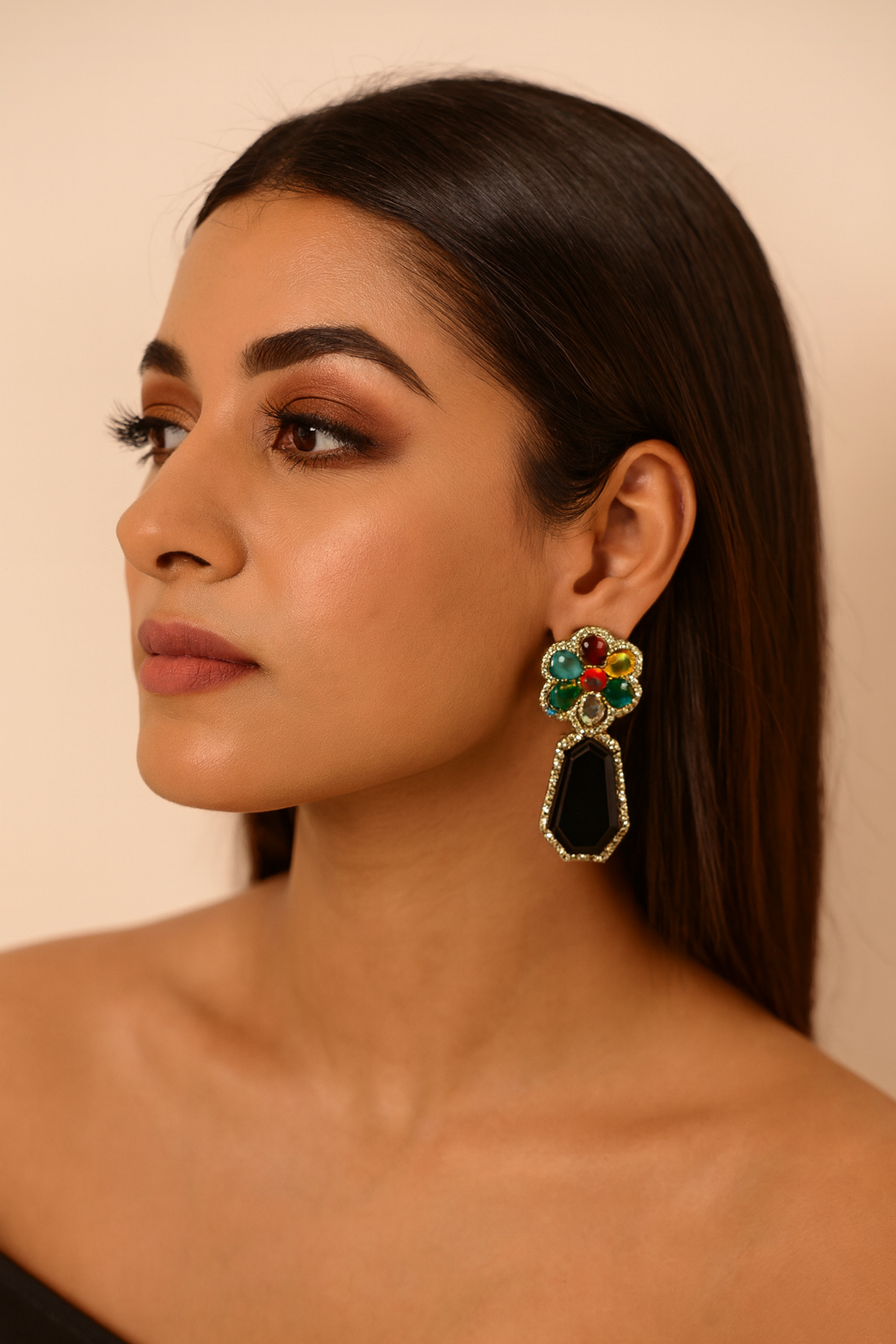 Multicolor Floral Drop Earrings with Black AD stone