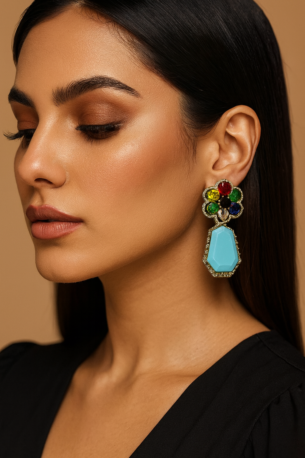 Multicolor Floral Drop Earrings with Aqua AD stone