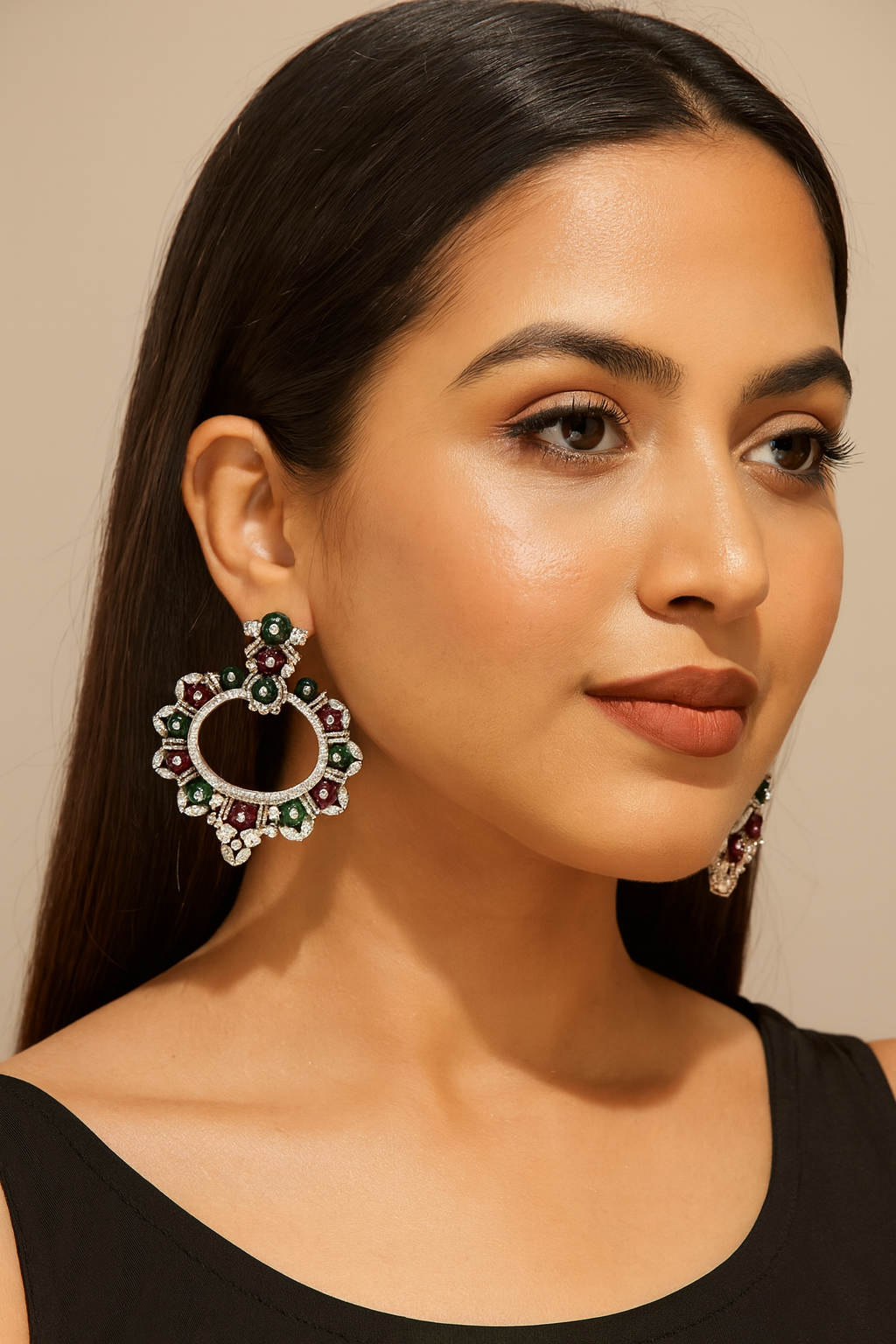 Red & Green Stone Vintage Circle Hoop Earrings