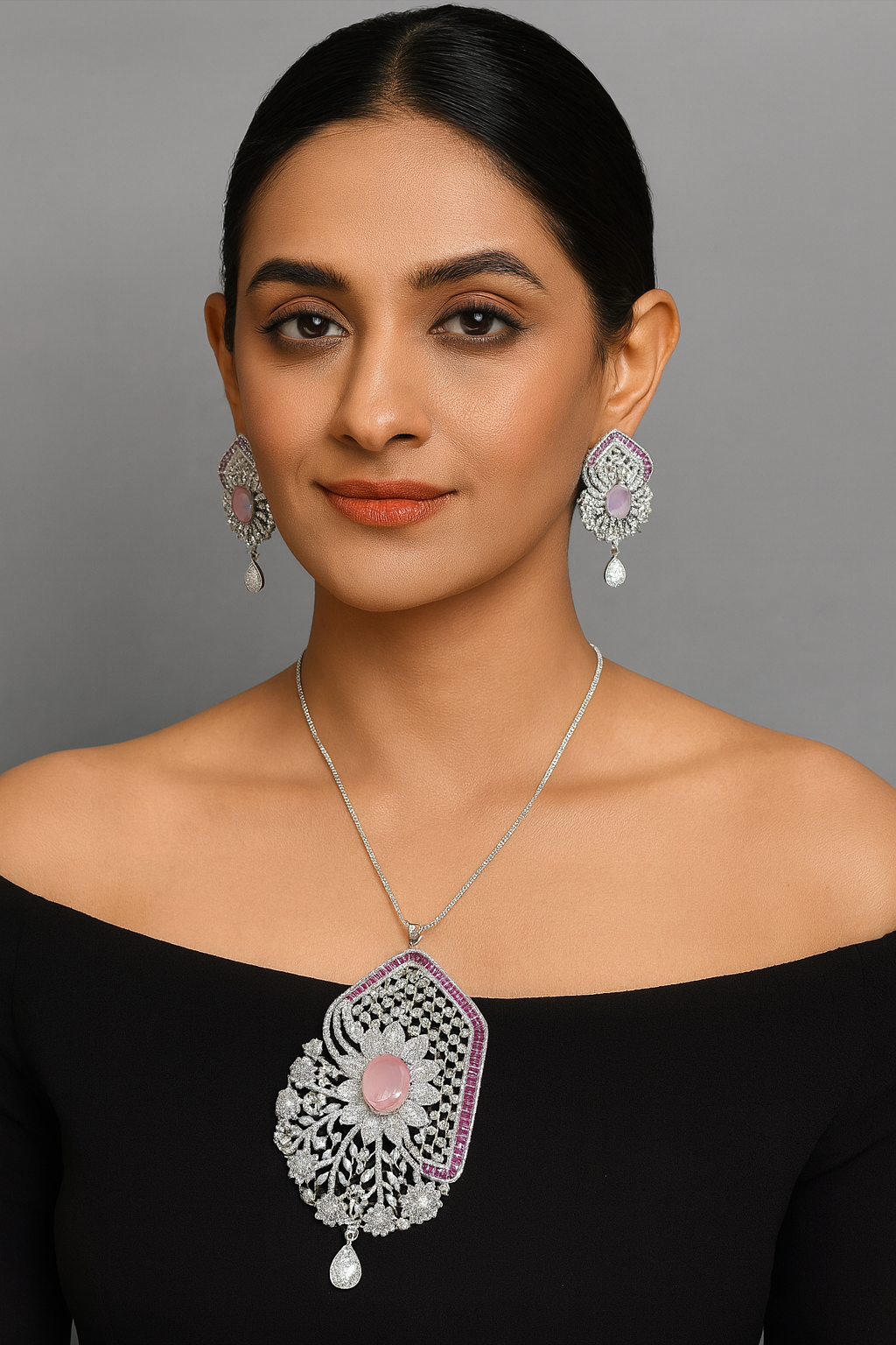 ELEGANT PINK AMERICAN DIAMOND PENDANT SET FOR WOMEN WITH SILVER POLISH