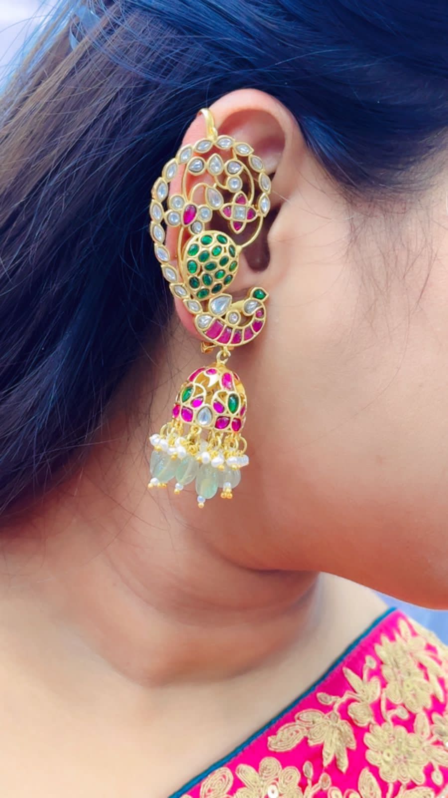 Snehlata navratan jhumka earrings with bugadi earcuff in south indian style