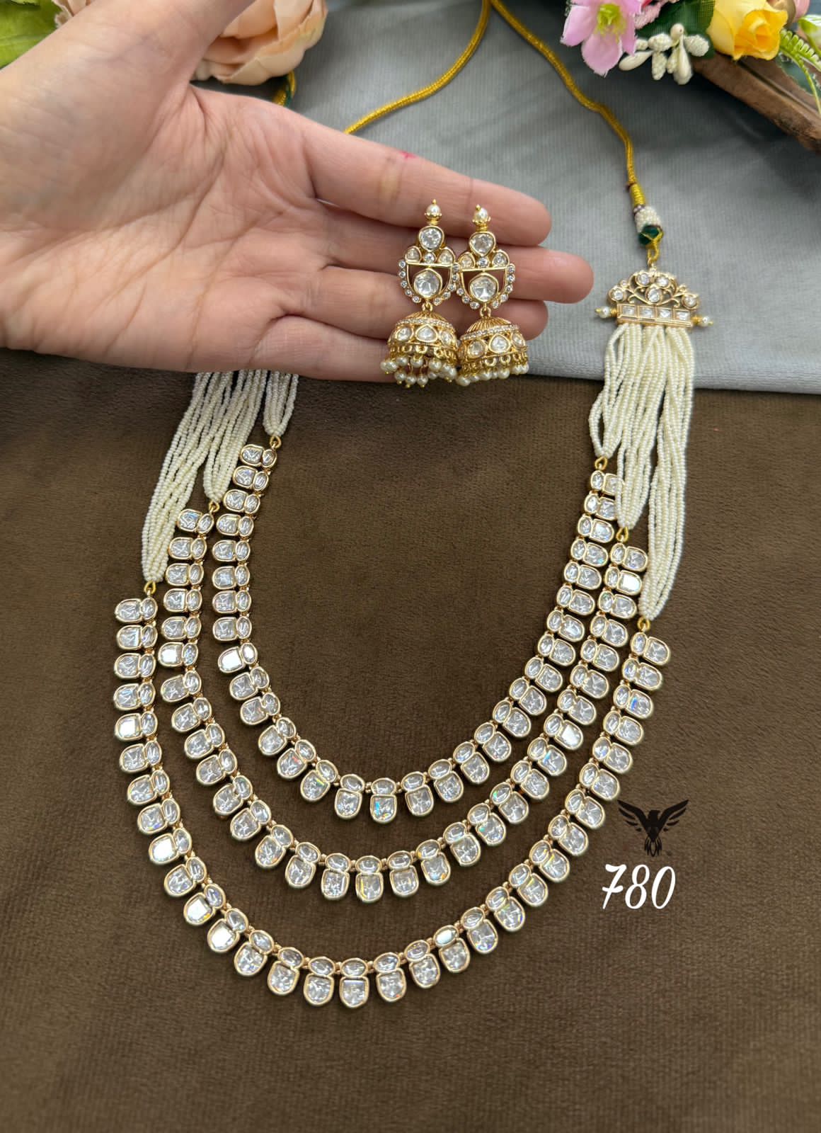 Teenlada sunheri kundan long necklace with jhumkis, perfect for royal look ,weddings and celebration