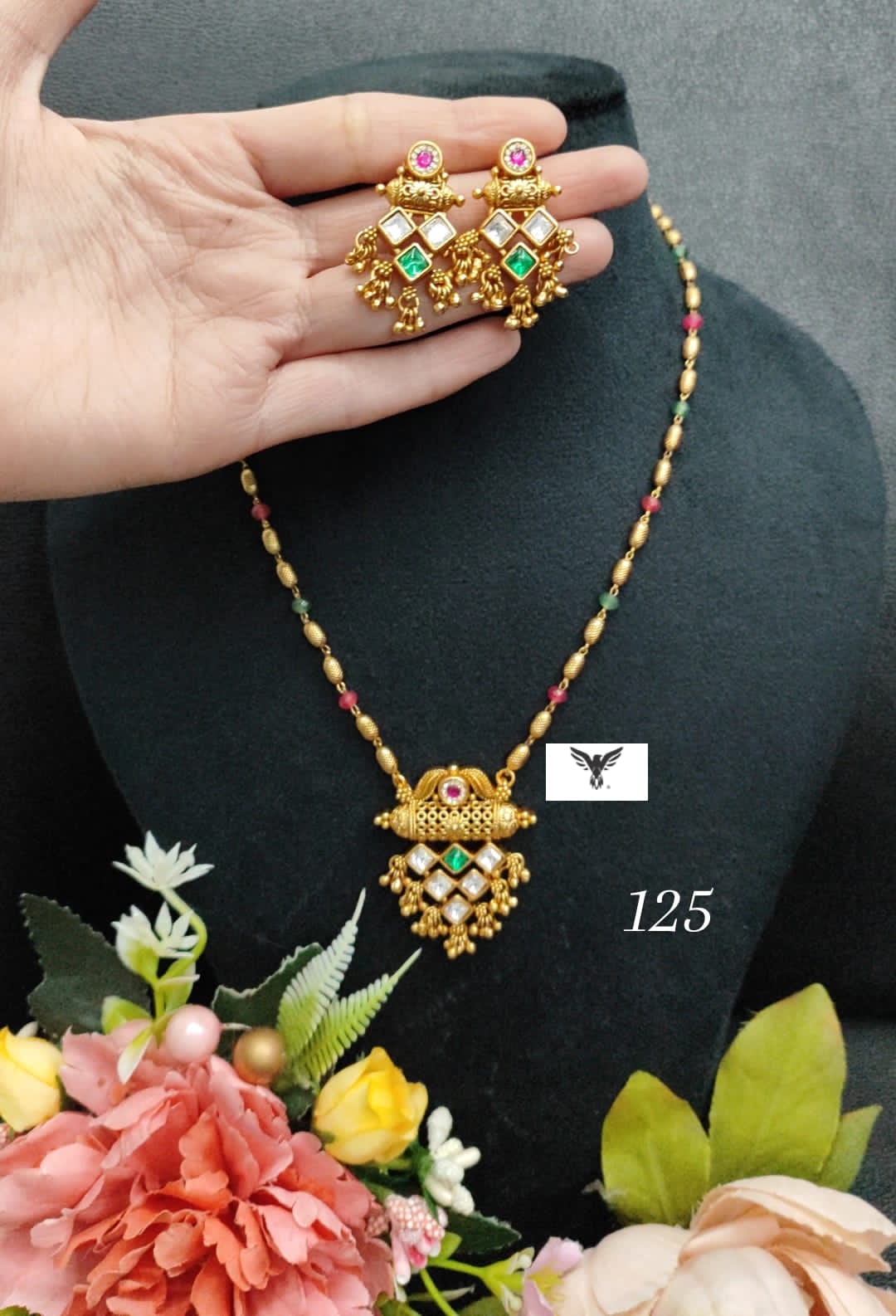 Rajwadi pendent set in gold matar mala chain with earrings