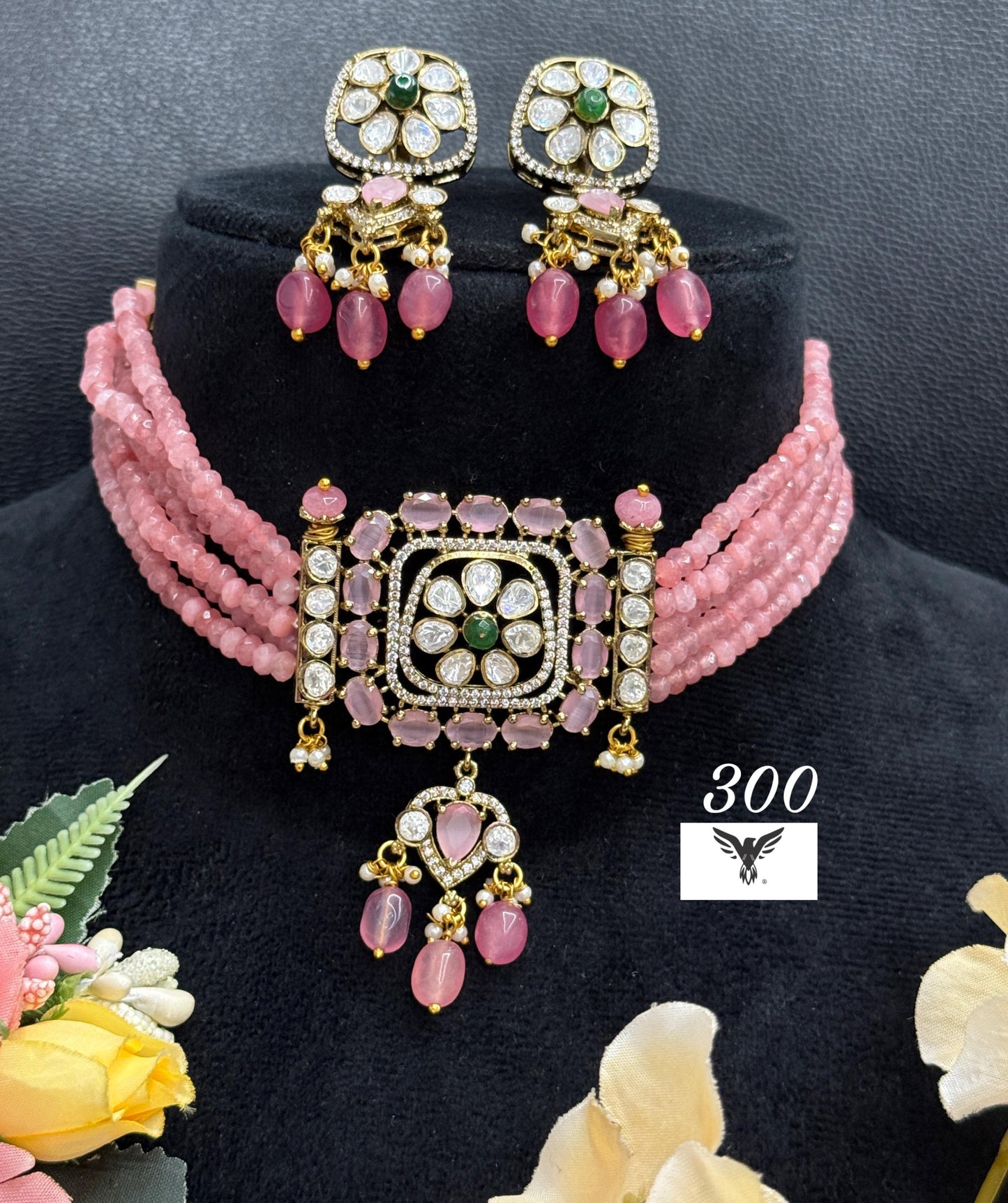 Mosanite choker in blush pink with earrings and oynex beads