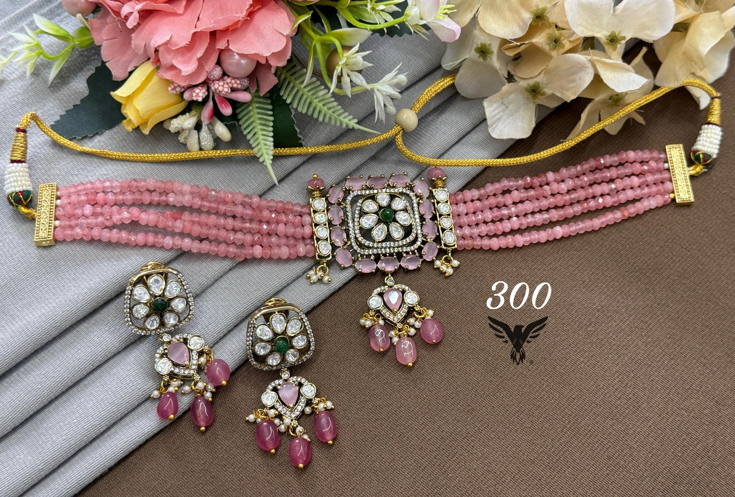 Mosanite choker in blush pink with earrings and oynex beads