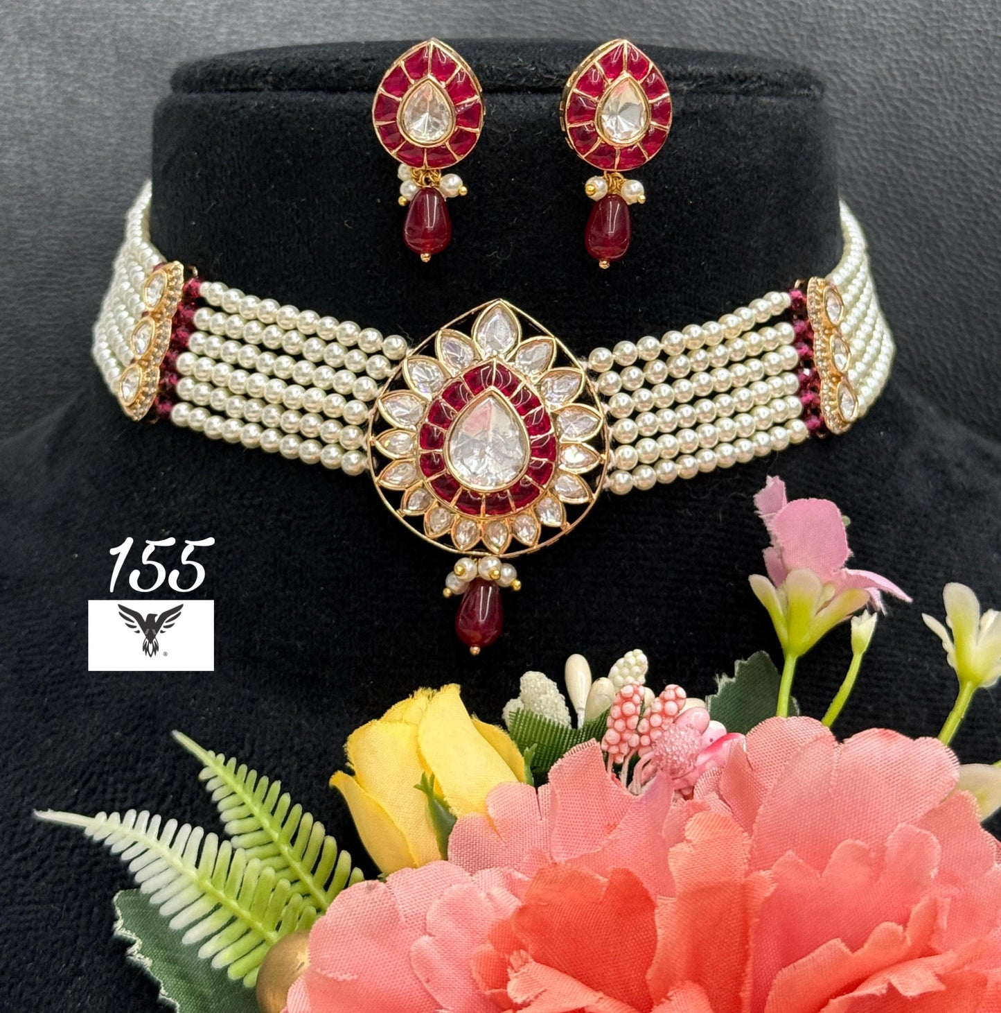 Ruby choker in sunheri kundan and pearl beads