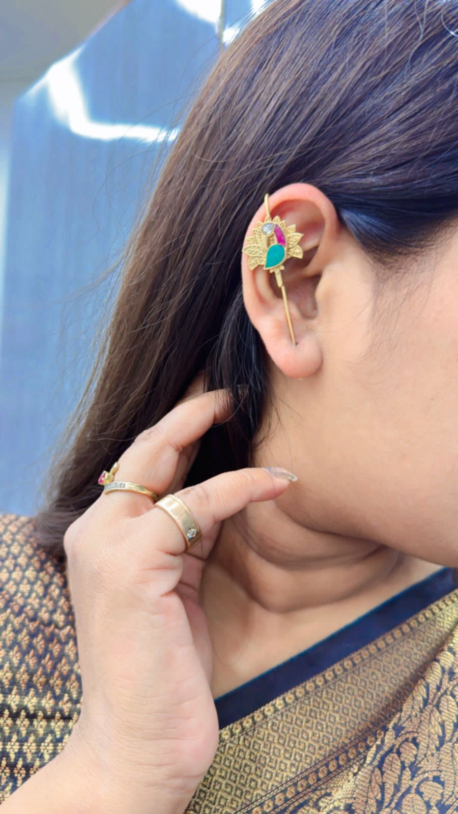 Manasvi green peacock earcuffs in bugadi style in gold polish antique stones