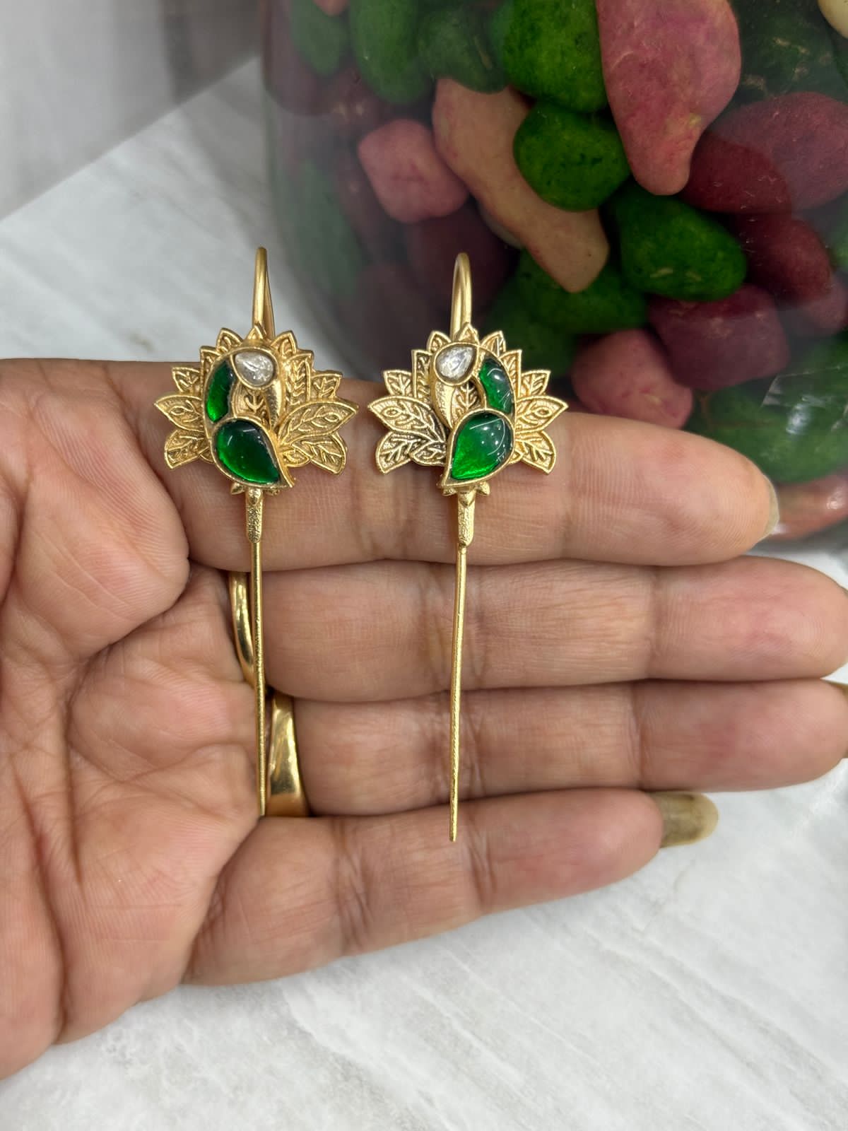 Manasvi green peacock earcuffs in bugadi style in gold polish antique stones