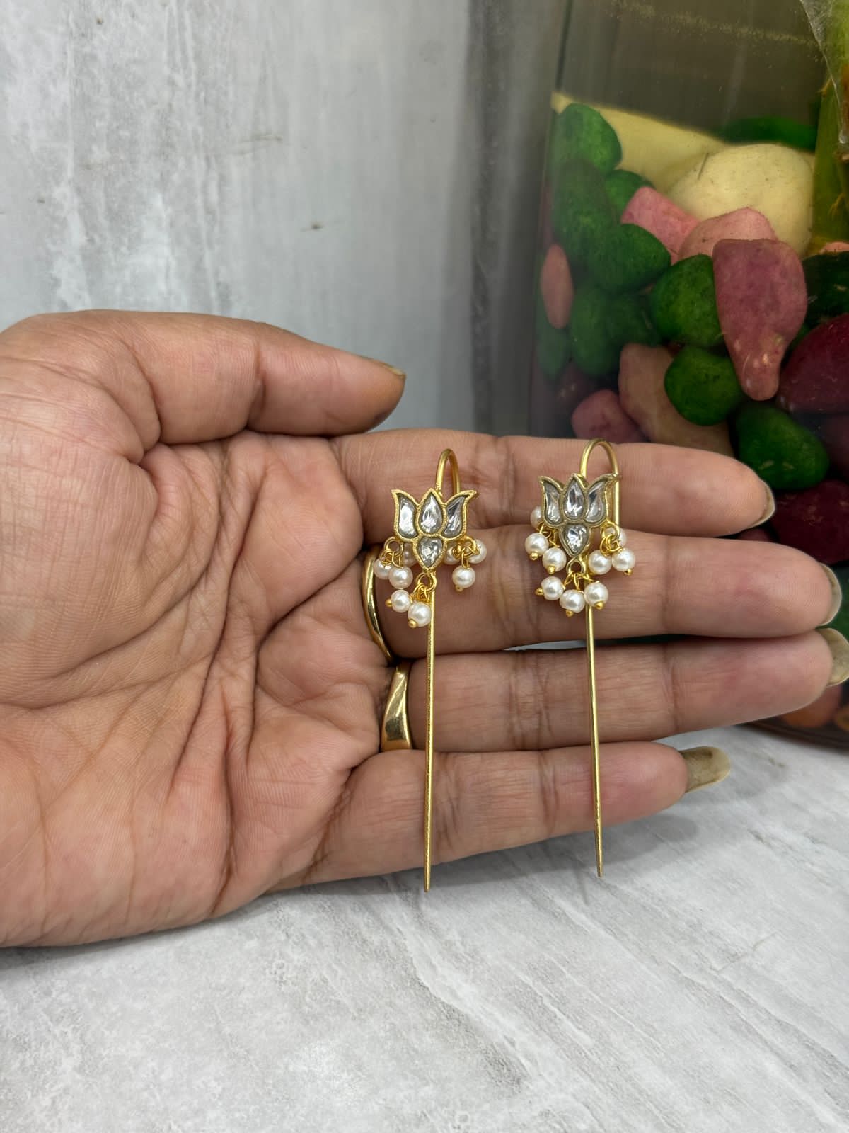 Raahi lotus bugadi earrcuffs in pachi kundan stones