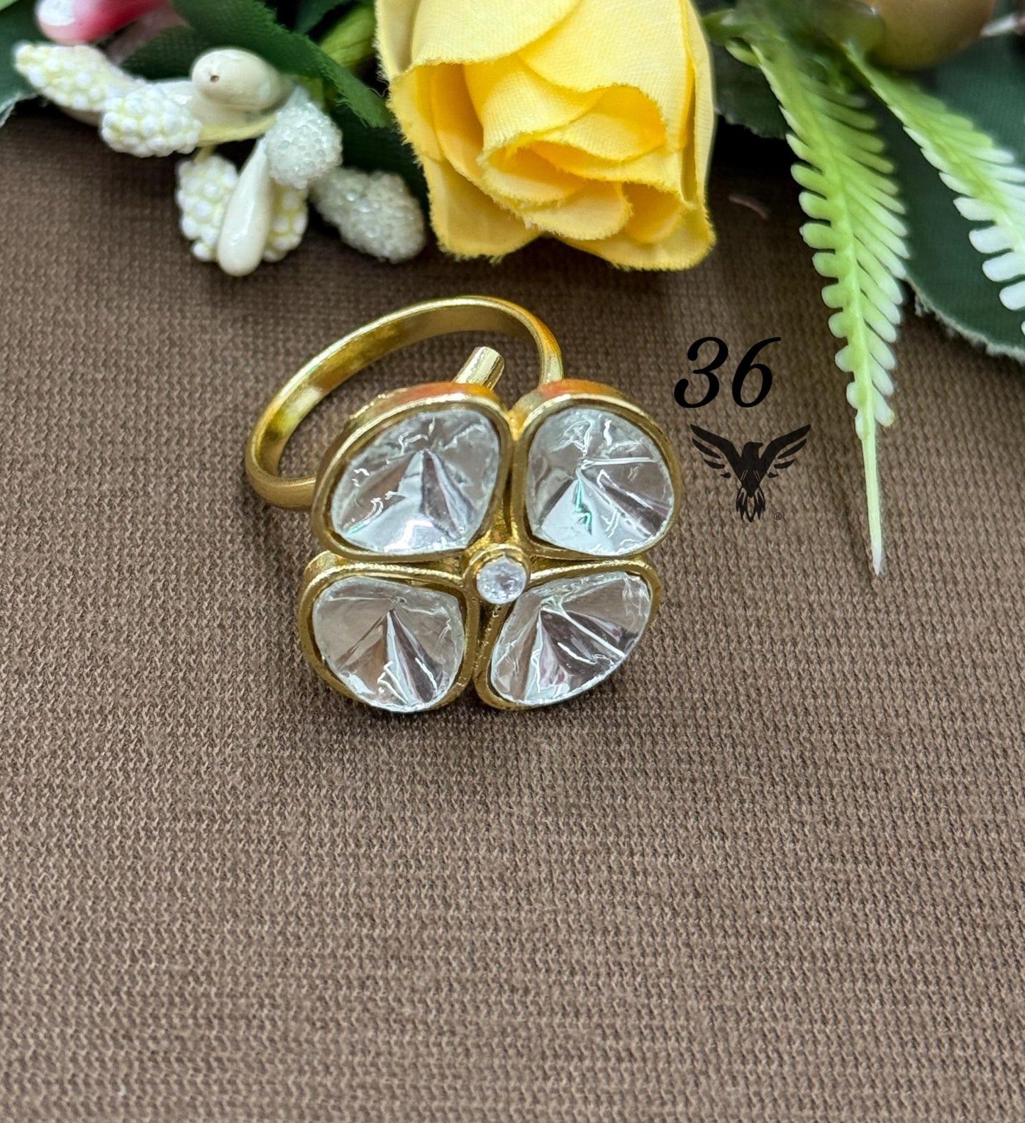 Uncut polki adjustable ring for women in gold polish