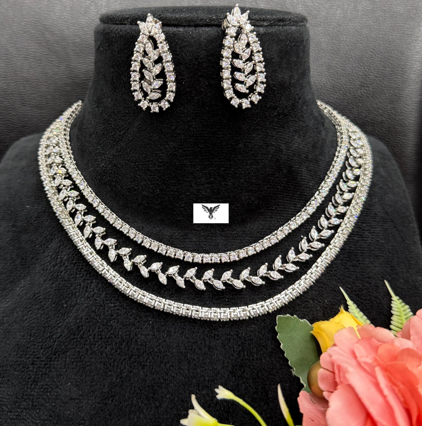 Tamasha cubic zirconia necklace in triple layer for women in white polish perfect for cocktail parties, engagement and wedding